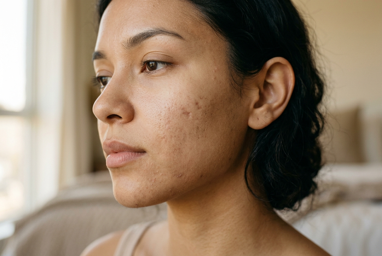 Illustrative editorial close-up of blemish-prone skin with mild congestion and post-breakout marks