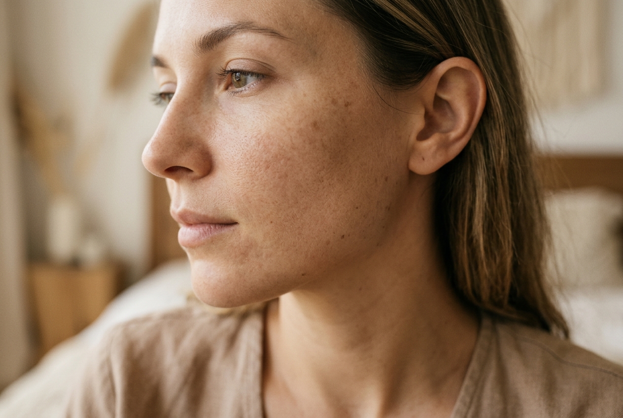 Illustrative editorial close-up of skin with visible dark spots and uneven-looking tone