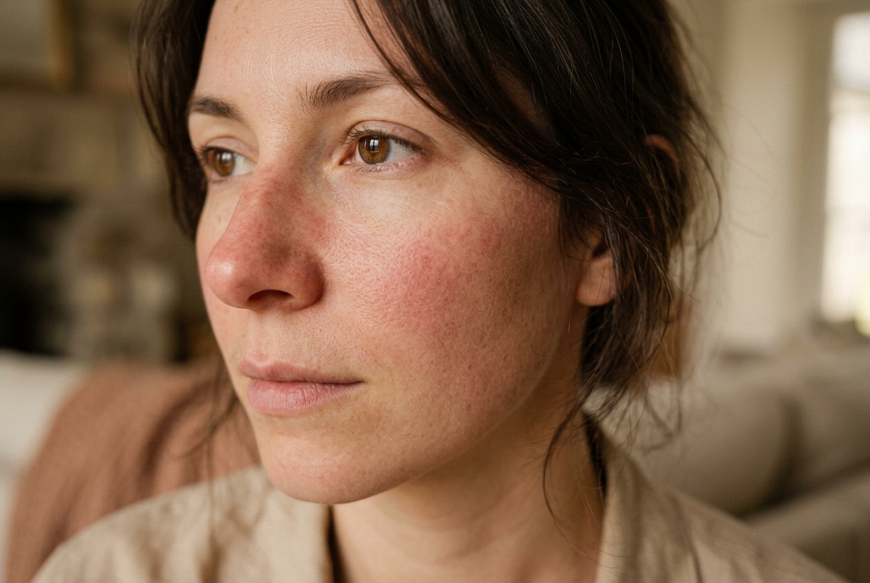 Illustrative editorial close-up of skin with diffuse facial redness and a reactive-looking appearance