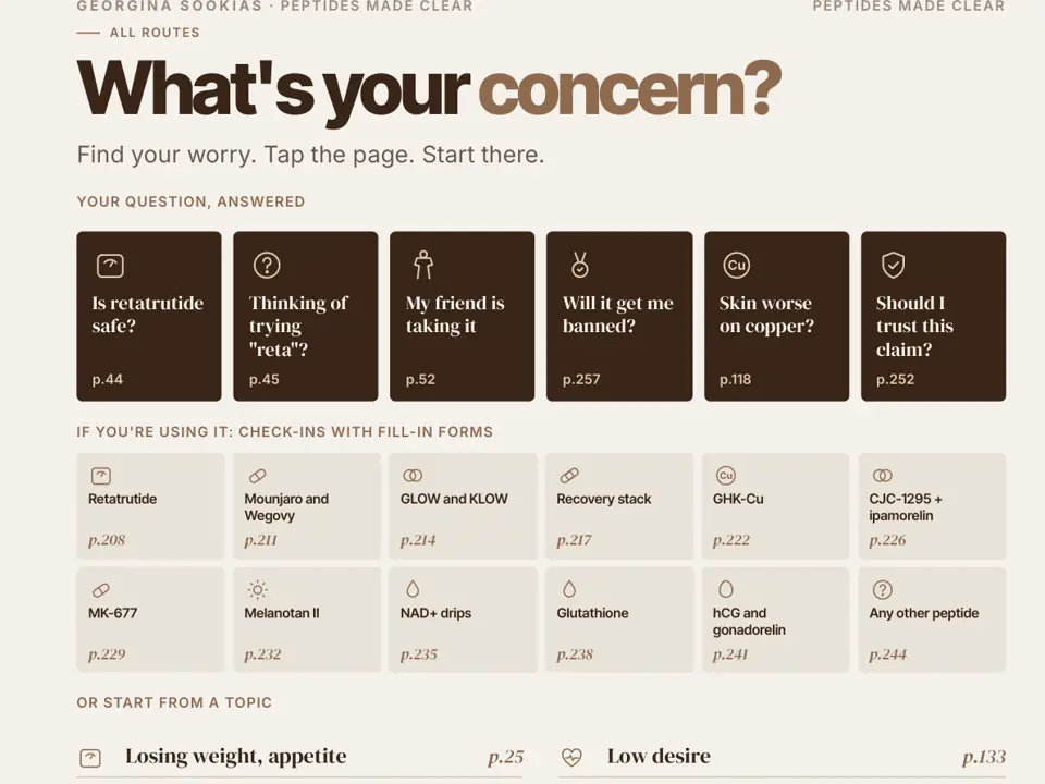 The What's your concern hub page, with tappable boxes for common questions and check-ins