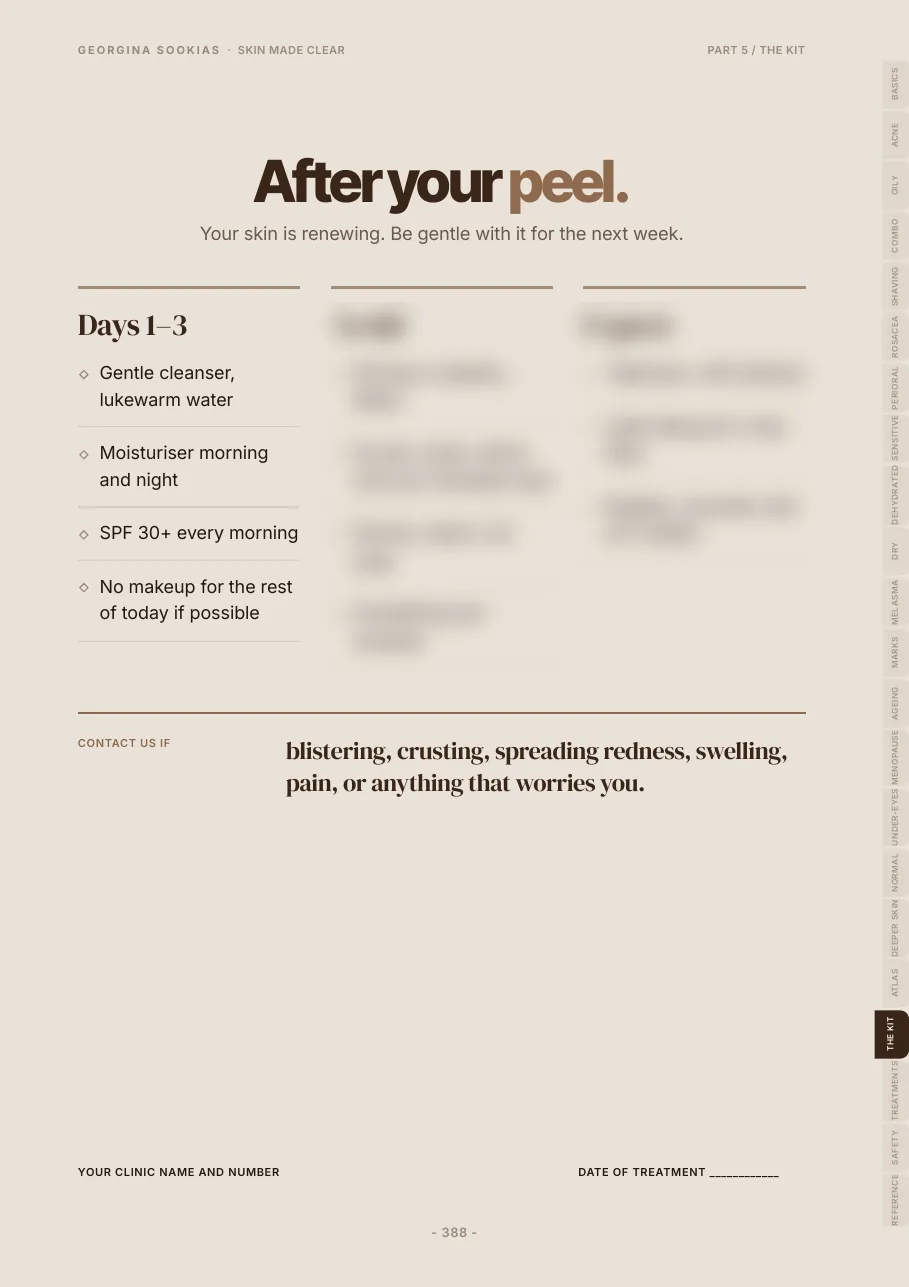 Aftercare handout for peels, partly blurred