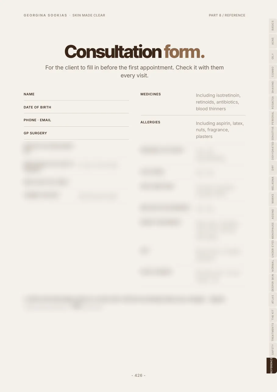 Consultation form page from Skin Made Clear, partly blurred