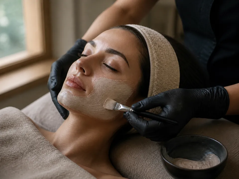 Facialist applying a clay mask with a brush during a facial