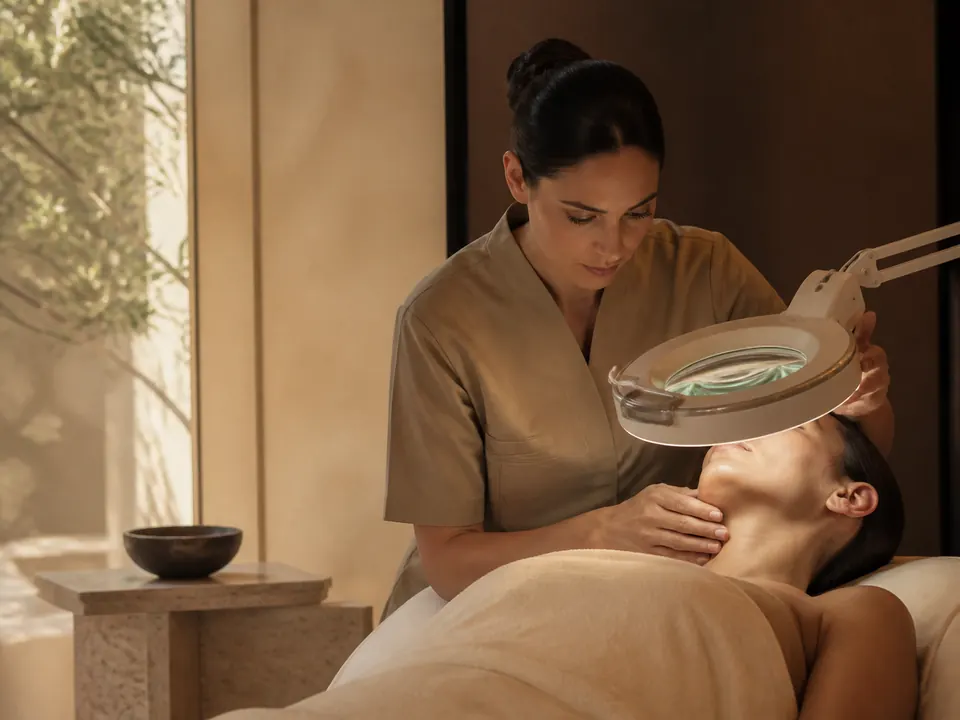 Facialist examining a client's skin under a magnifying lamp