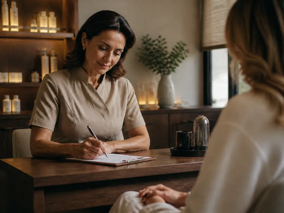 Facialist writing consultation notes at a desk with a client