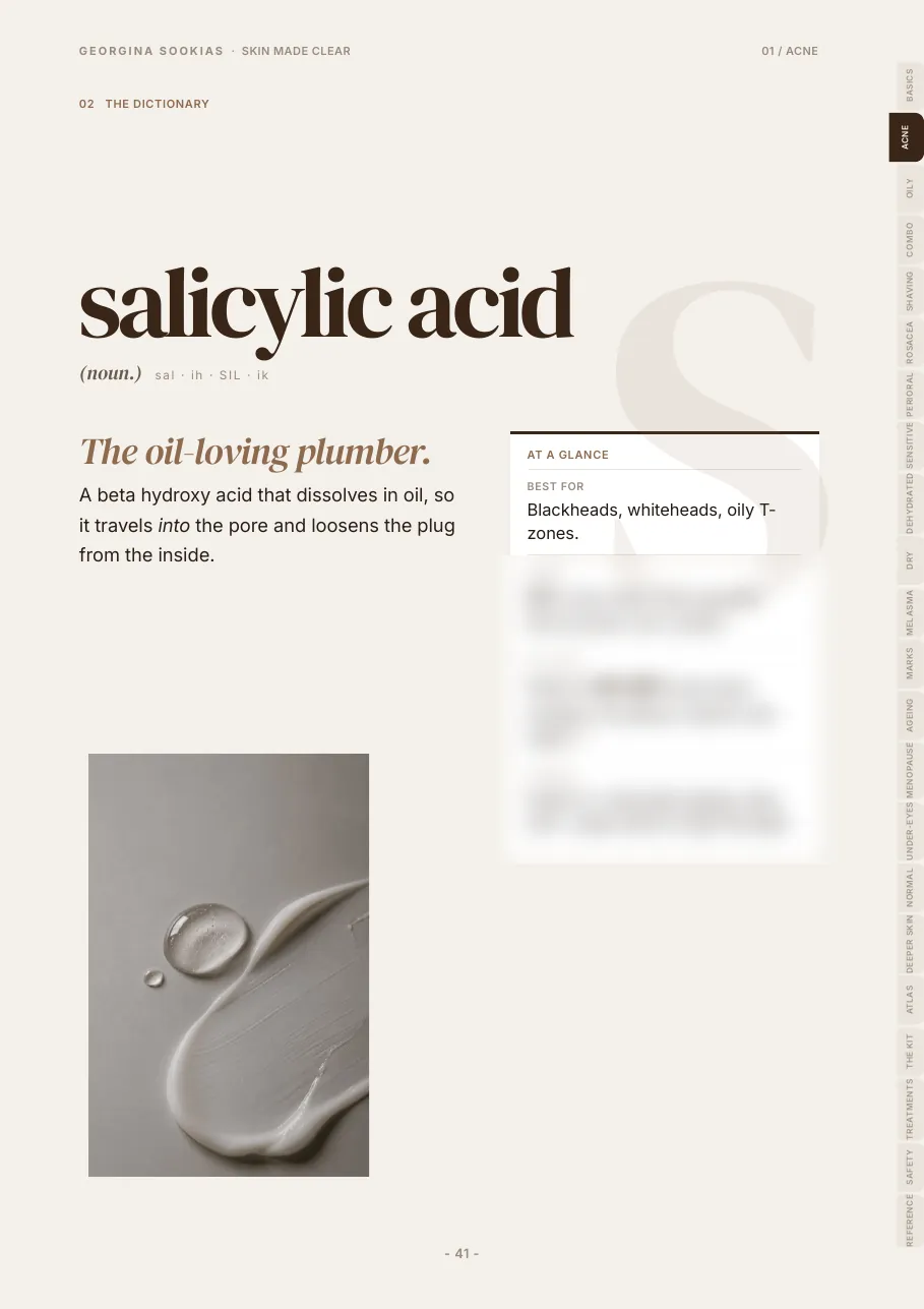 Salicylic acid dictionary page from the acne playbook, with the detail blurred