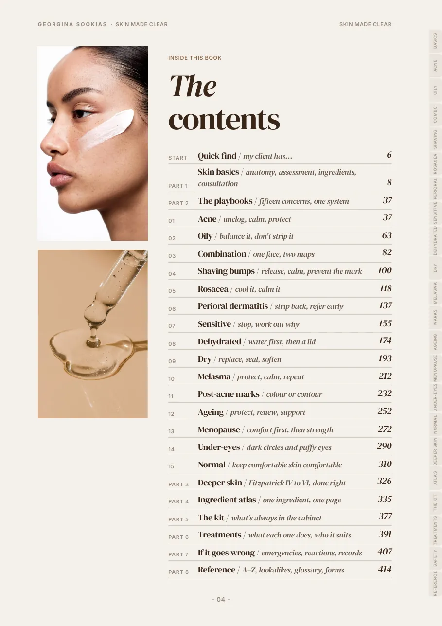 Skin Made Clear contents page listing all eight parts and fifteen playbooks