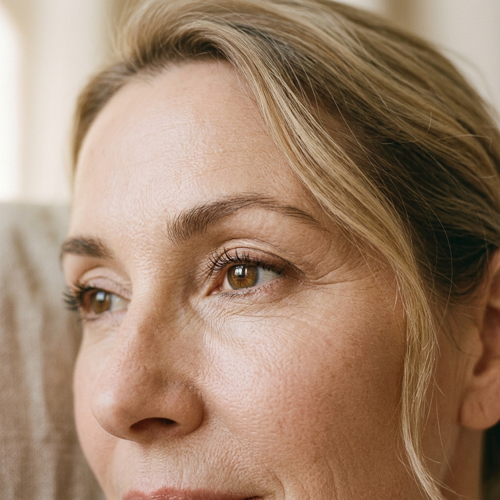 Mature facial skin showing visible fine lines