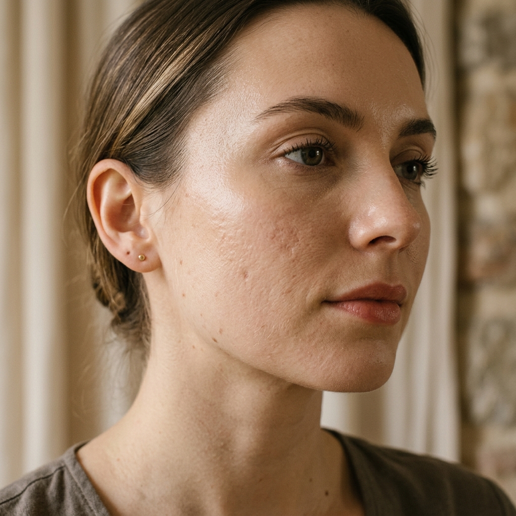 Cheek showing uneven skin texture and acne-type scarring