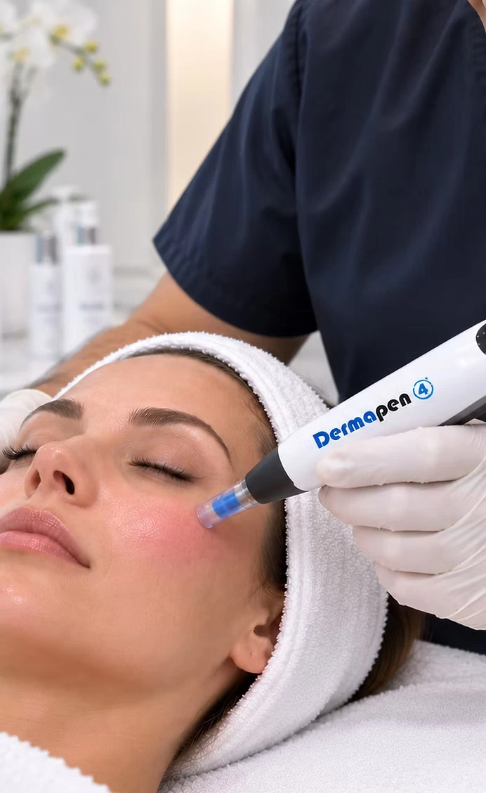 A gloved practitioner guiding a Dermapen 4 microneedling device across the cheek of a relaxed client, who is lying back with a white headband in a clinic treatment room.