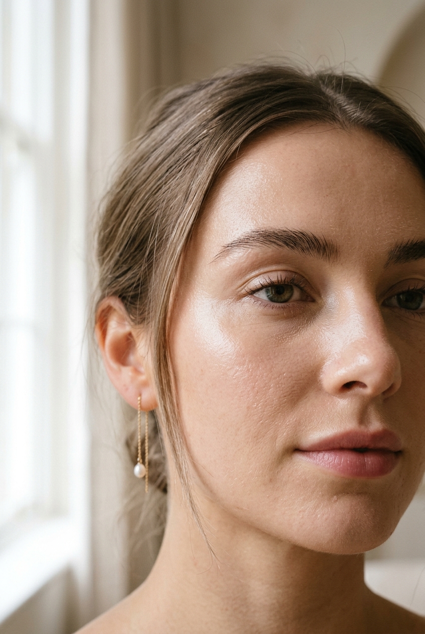 Illustrative editorial portrait of a fresh, naturally luminous complexion in soft natural light.