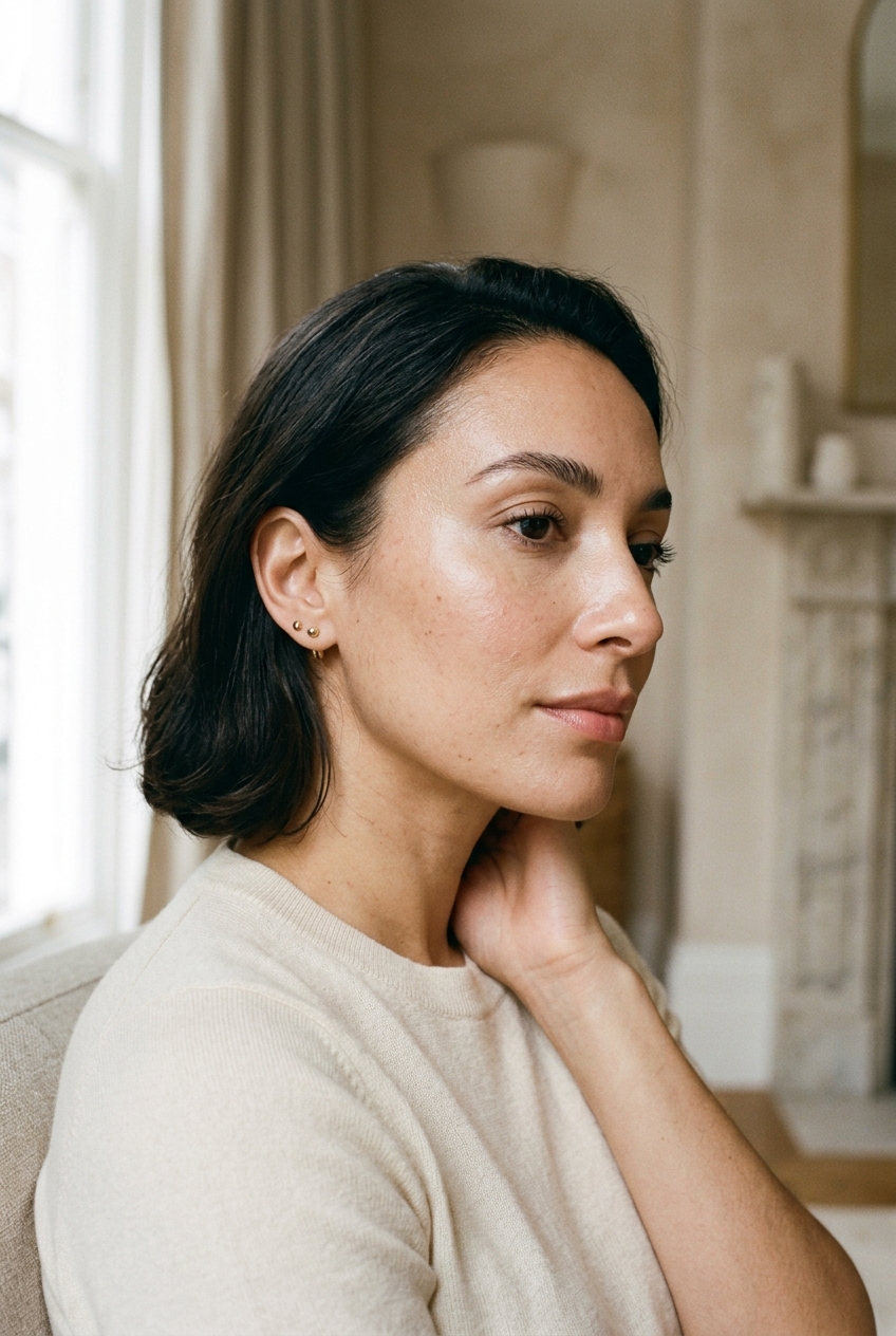 Illustrative editorial portrait of a refined natural complexion with understated makeup.