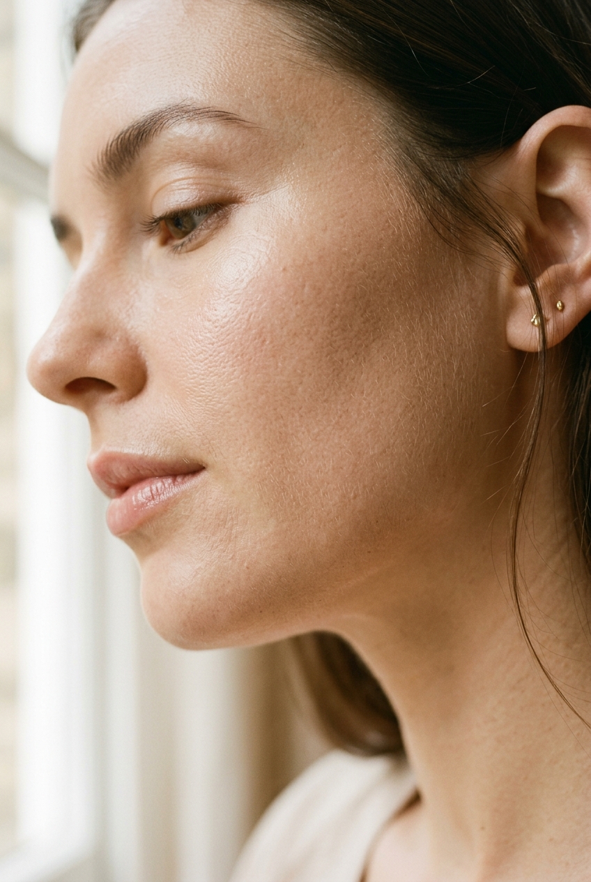 Illustrative editorial close-up of smooth, refined facial skin with natural texture in soft daylight.