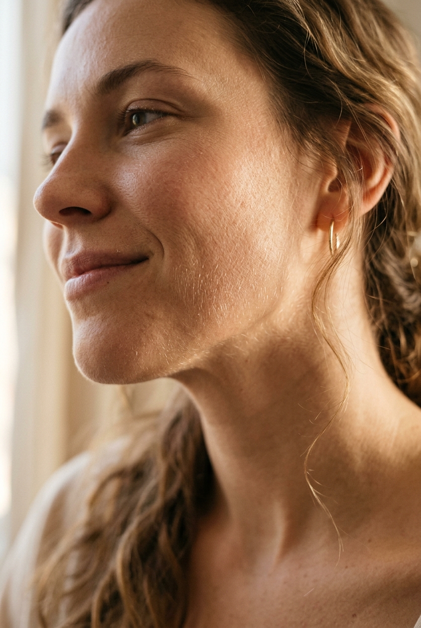 Illustrative side-lit close-up of a cheek and jaw where fine facial vellus hair catches the light.