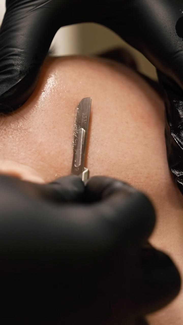Close-up of a sterile dermaplaning blade held against prepped skin during a professional dermaplaning treatment.