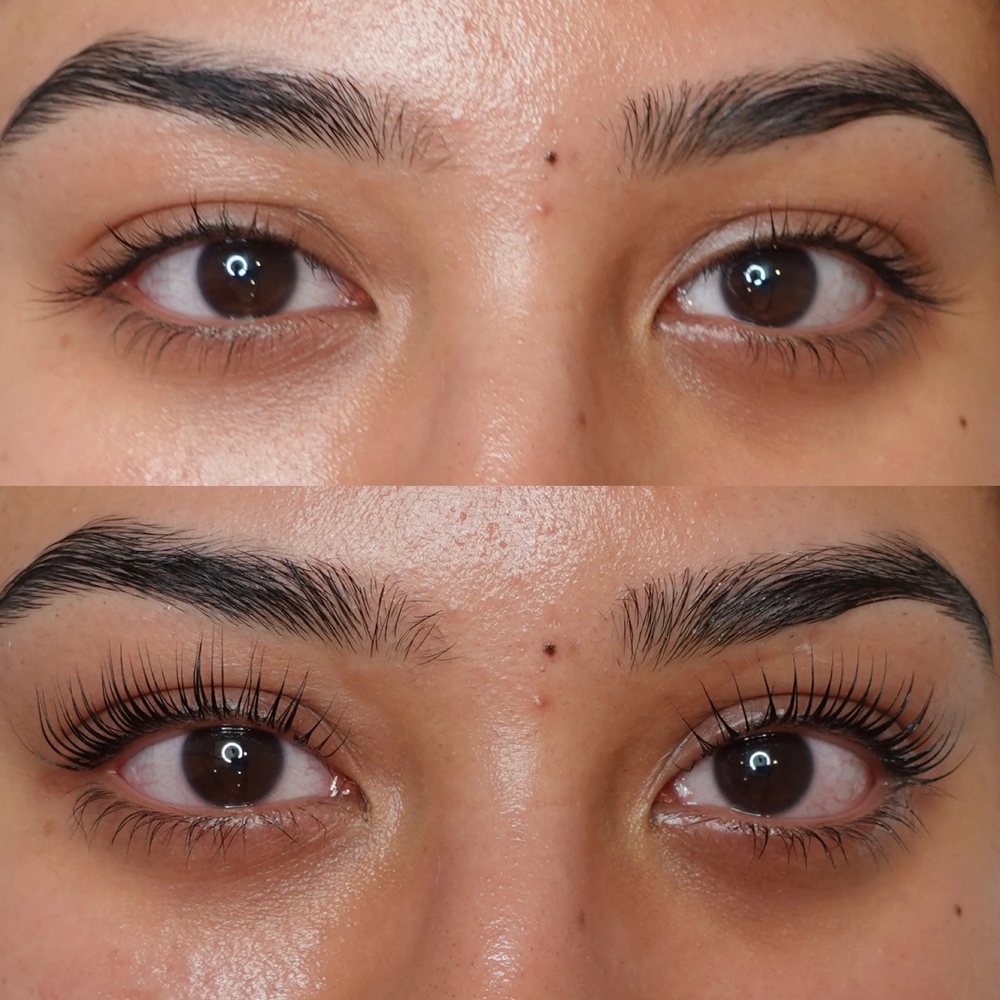 Before and after a Korean Lash Lift by Georgina Sookias in Fulham, London, natural lashes lifted and curled