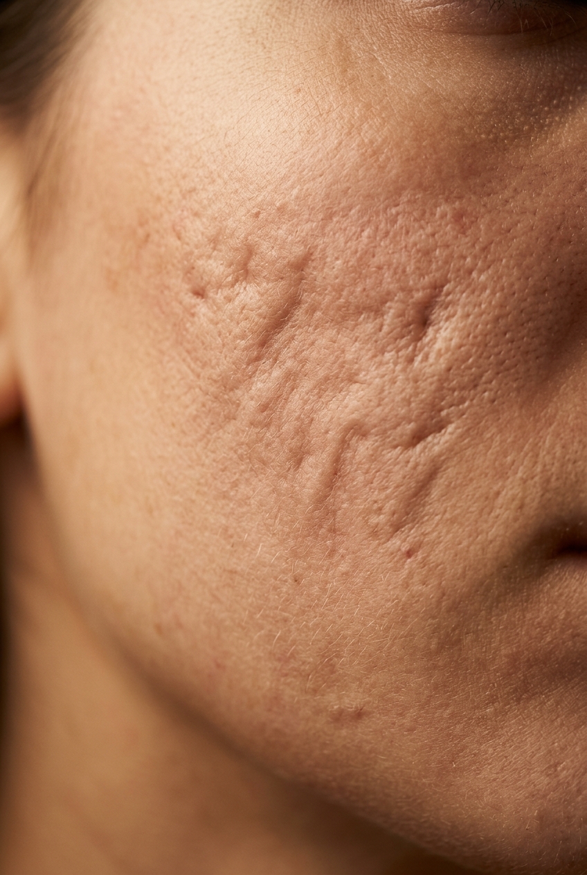 Illustrative editorial close-up of a cheek showing atrophic acne scarring and uneven skin texture