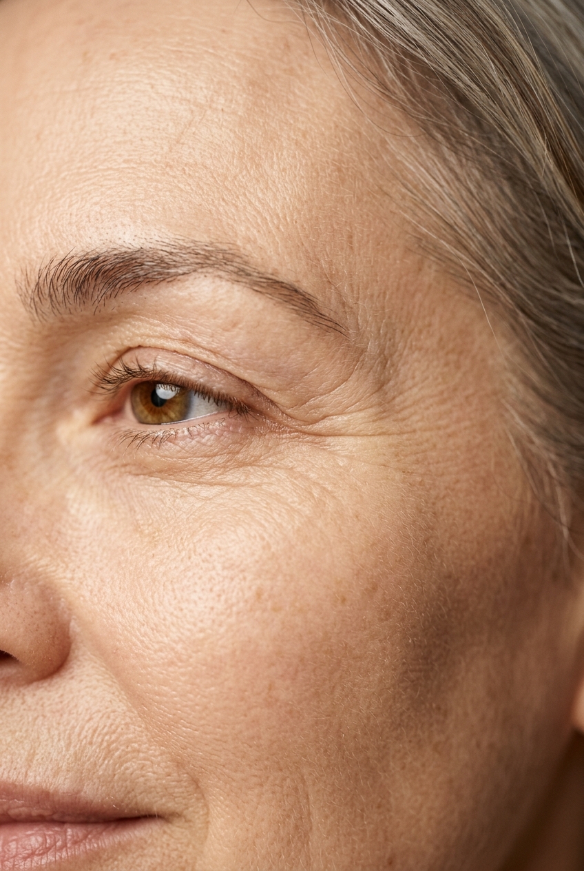 Illustrative editorial close-up of mature skin showing natural fine lines around the eye