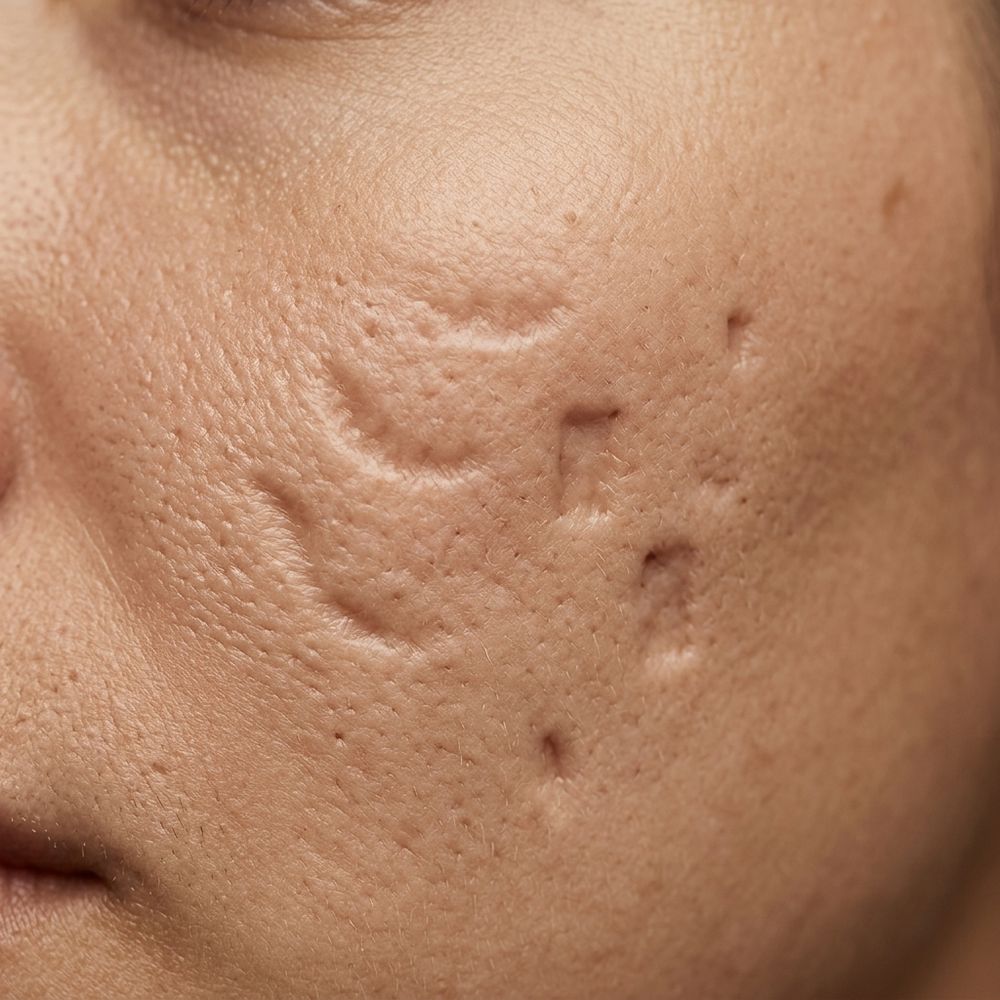 Close-up of skin showing visible acne scarring and textural indentations