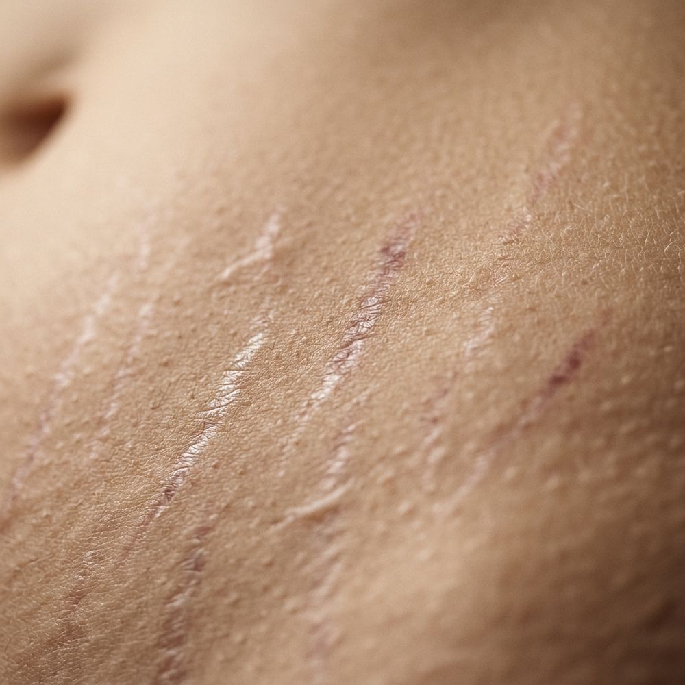 Close-up of skin showing visible stretch marks